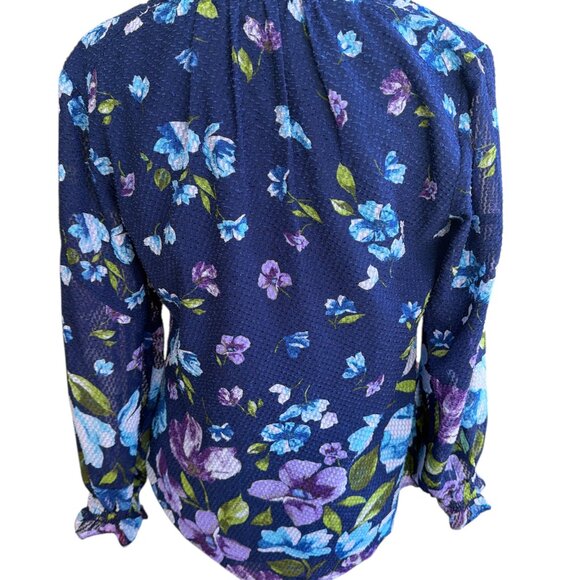 Isaac Mizrahi Blue & Purple Floral Size 4 Long Sleeve Textured Lined Blouse - Picture 4 of 6